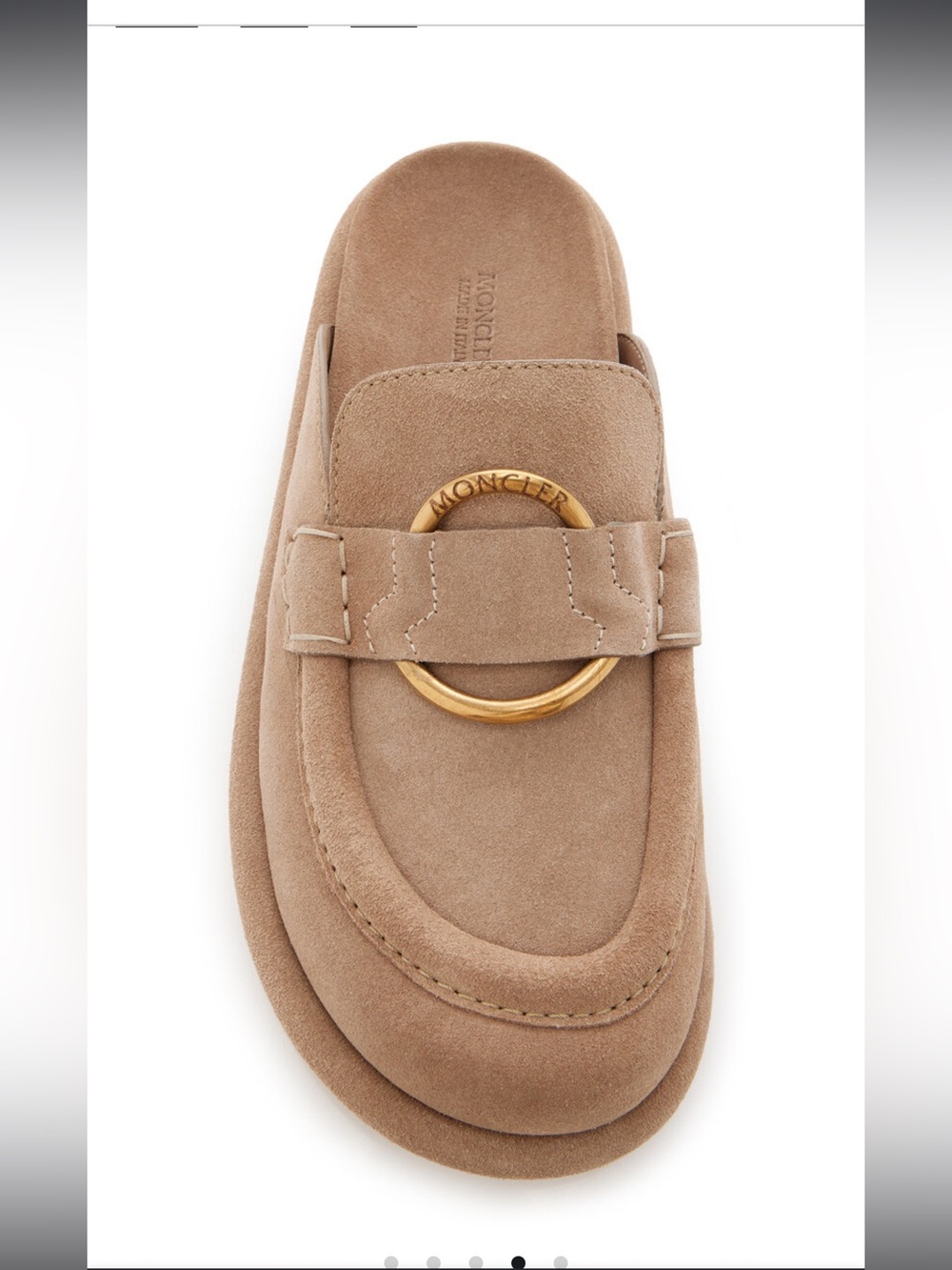 Moncler Women's Suede Bell Mule in Tan with Gold Ring, Sz 39, with box and COA.